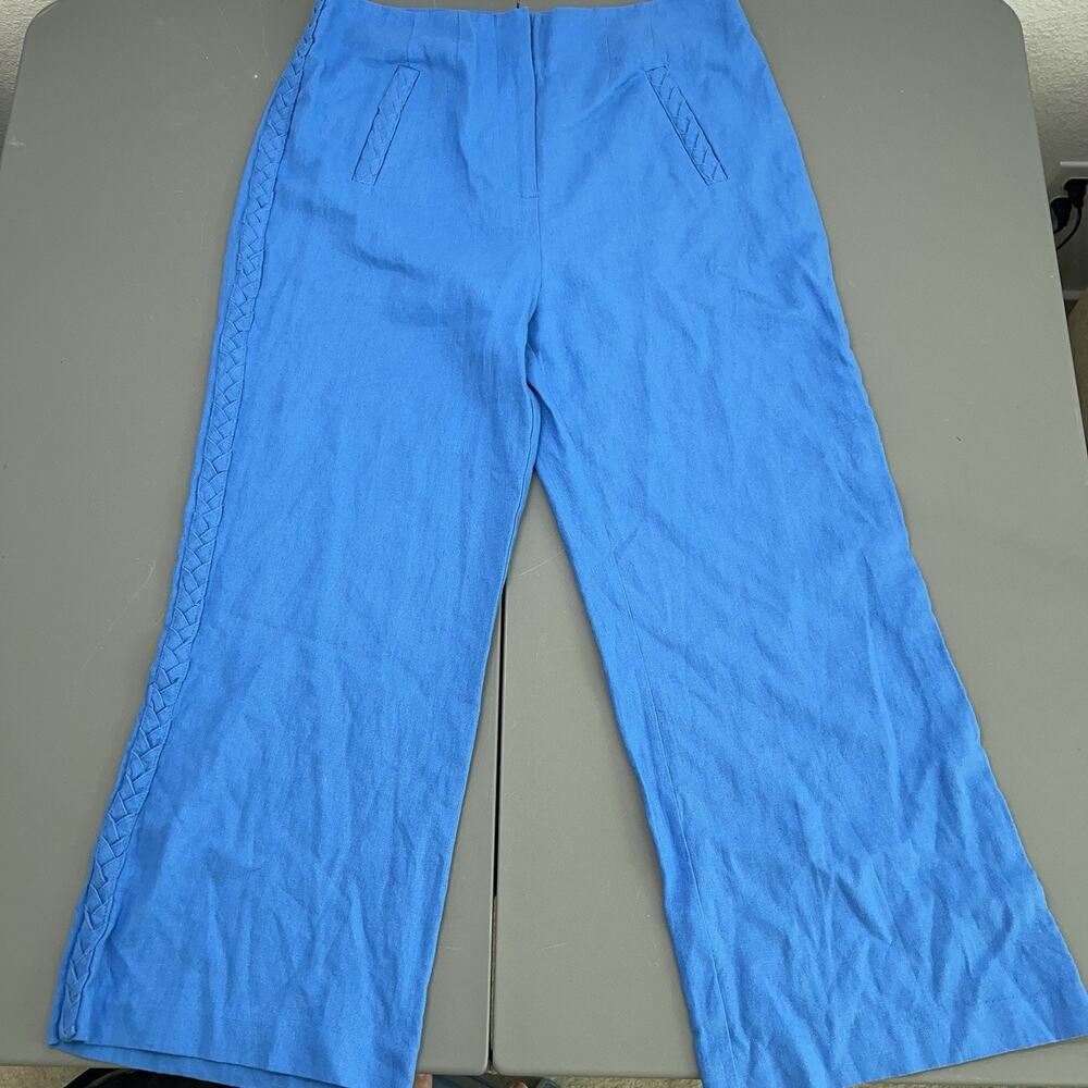 Jason Wu Wide Leg Cropped Pants Womens 6 Blue Linen Blend Braided High Waist - Picture 3 of 14